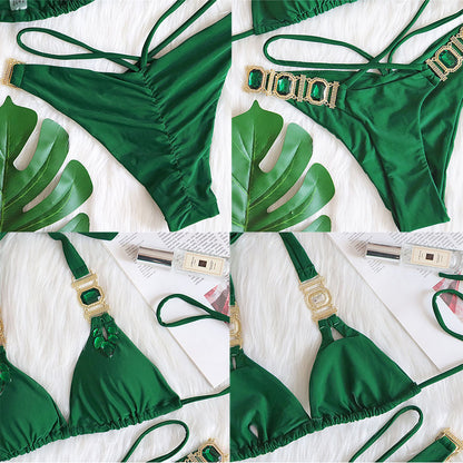 Two Piece Rhinestone Halter Bikini Swimsuit