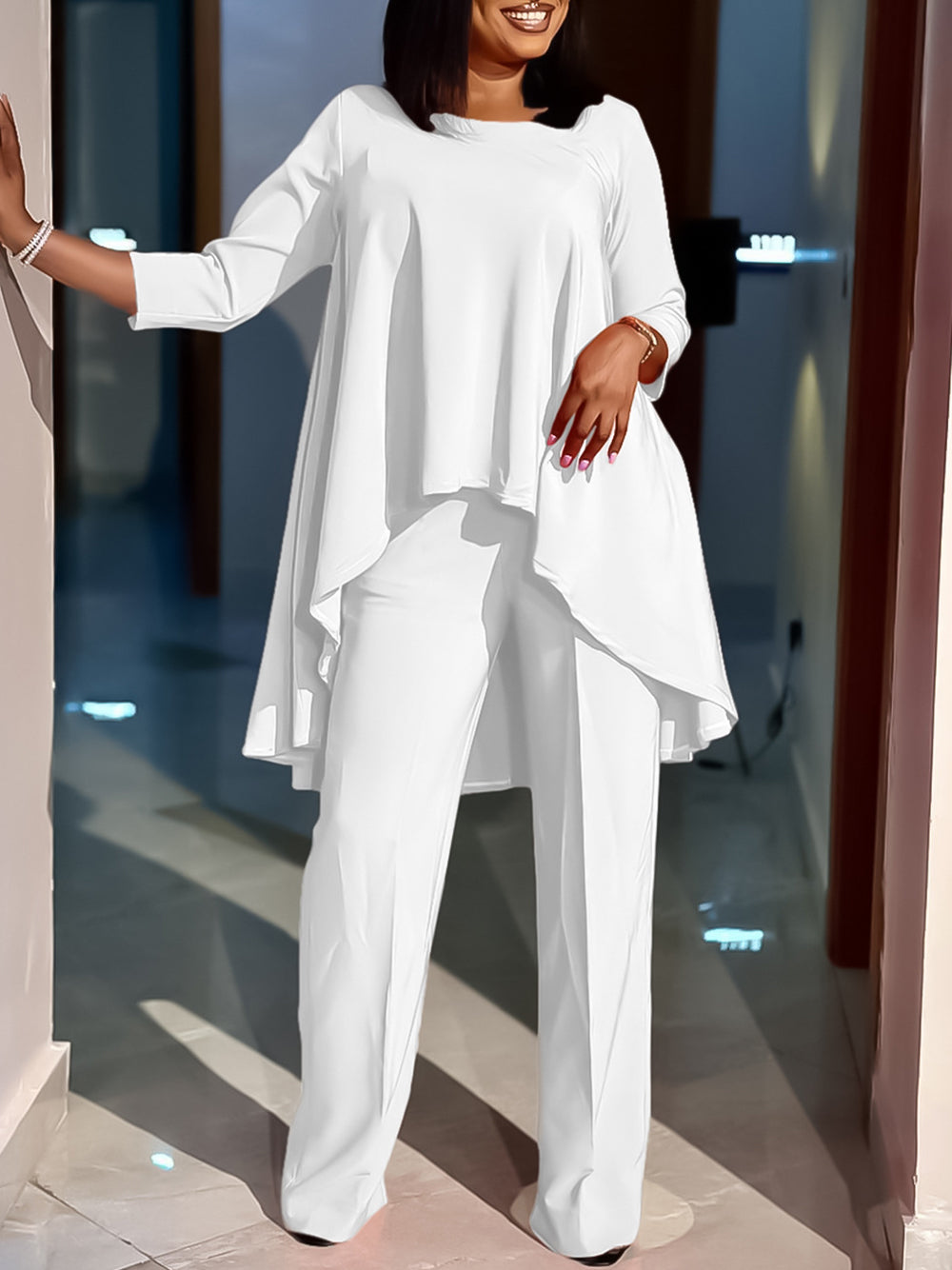 Asymmetric Hem Top Wide Leg Pants Set