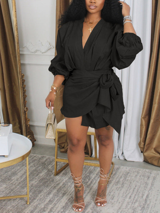 Belted Lantern Sleeve Mini Dress