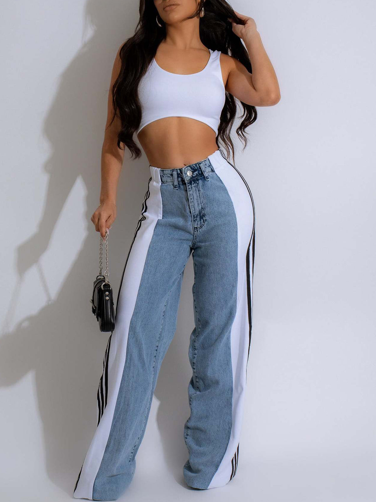 Patchwork Stripe Wide Leg Denim Pants