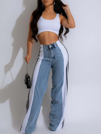 Patchwork Stripe Wide Leg Denim Pants