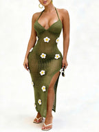 Crochet Flower Halter Backless Dress