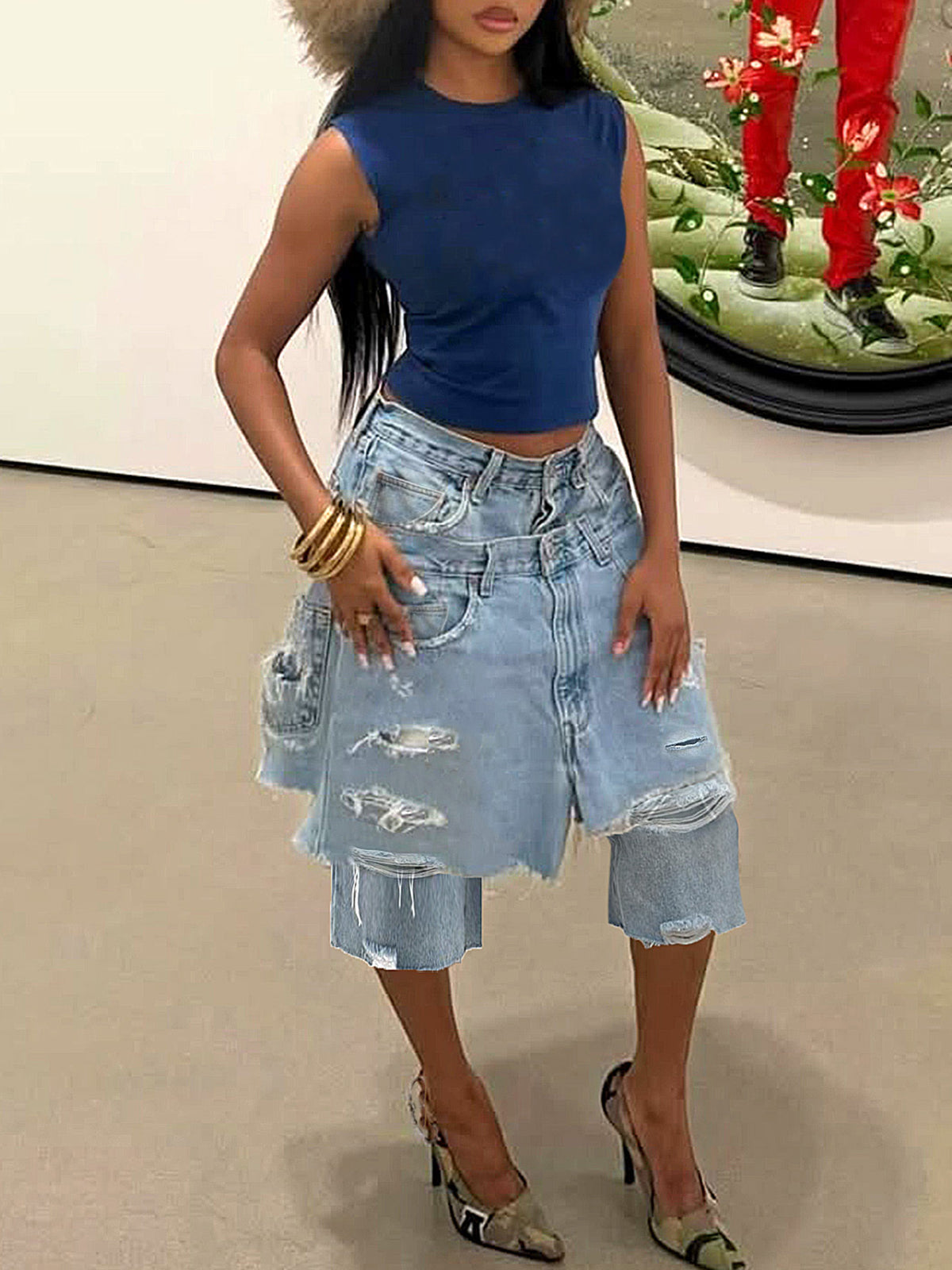 Asymmetrical Distressed Denim Capri Pants