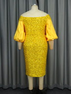 Off-Shoulder Puff Sleeves Sequin Midi Dress