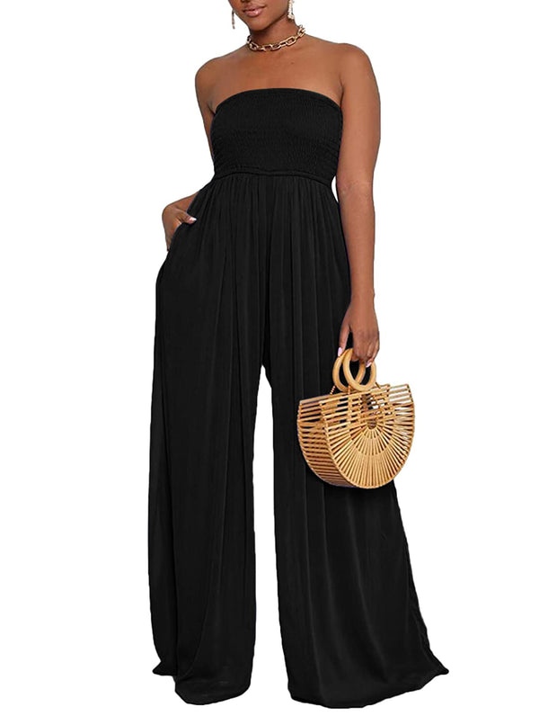 Solid Color Strapless Tube Wide Leg Jumpsuits