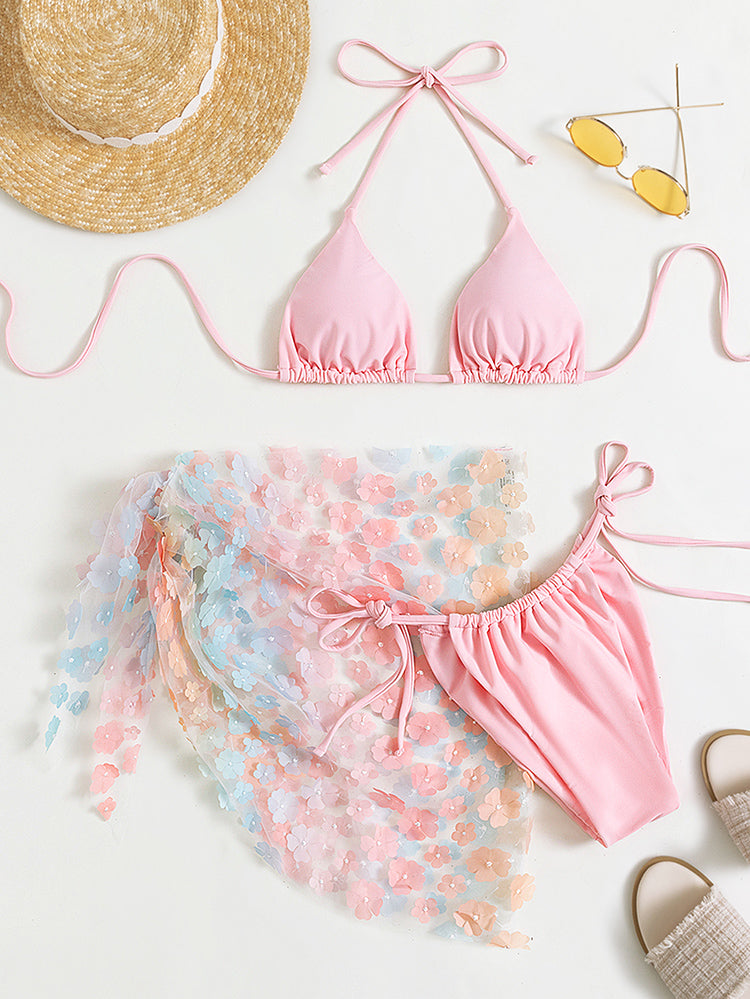 Three-Piece Halter Floral Mesh Skirt Swimsuit Set