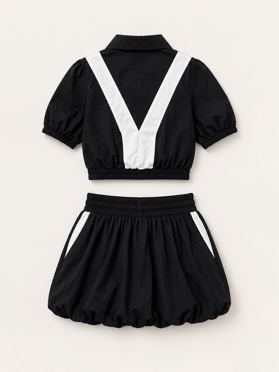 Colorblock Sport Jacket Bubble Skirt Set
