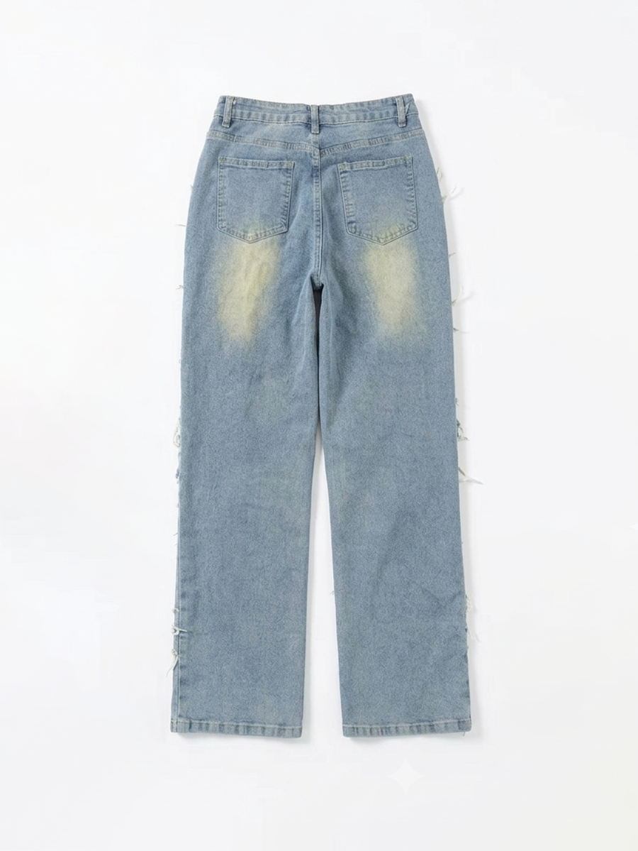 Distressed Layered Fringe Straight Leg Jeans
