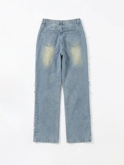 Distressed Layered Fringe Straight Leg Jeans