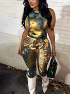 Abstract Print Sleeveless Top Legging Set