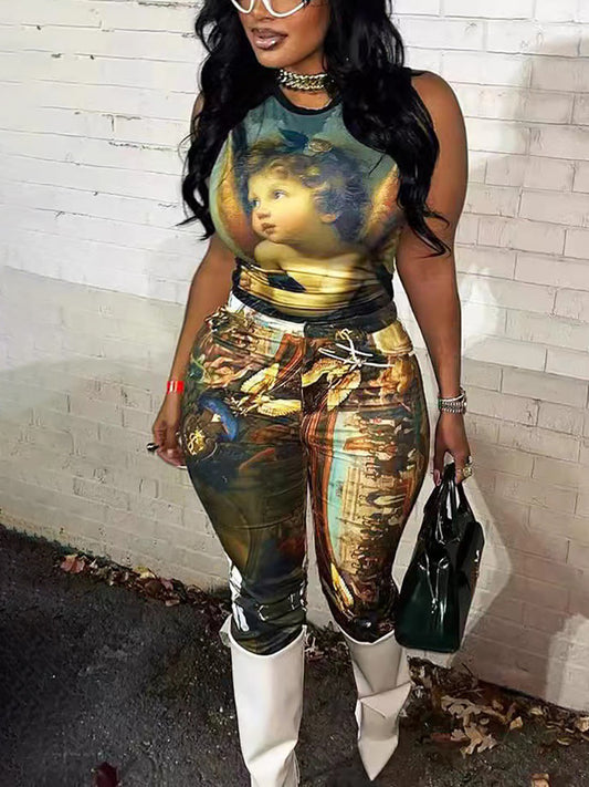 Abstract Print Sleeveless Top Legging Set