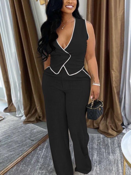 Sleeveless V Neck Vest Pants Suit
