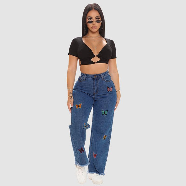 Butterfly Embroidered Wide Leg Jeans