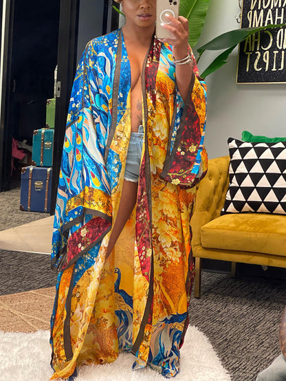 Cárdigan tipo pareo de playa con estampado floral de seda 