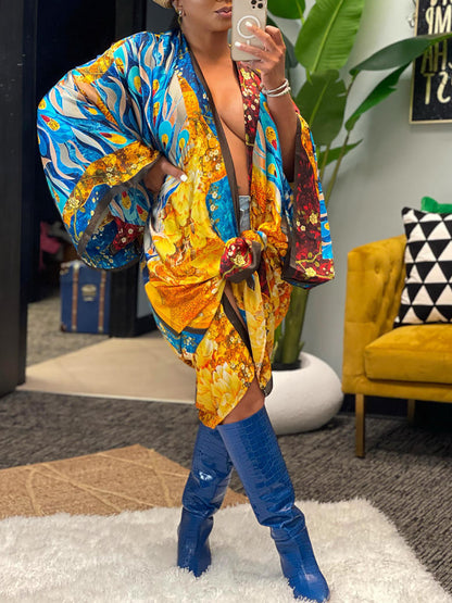 Cárdigan tipo pareo de playa con estampado floral de seda 