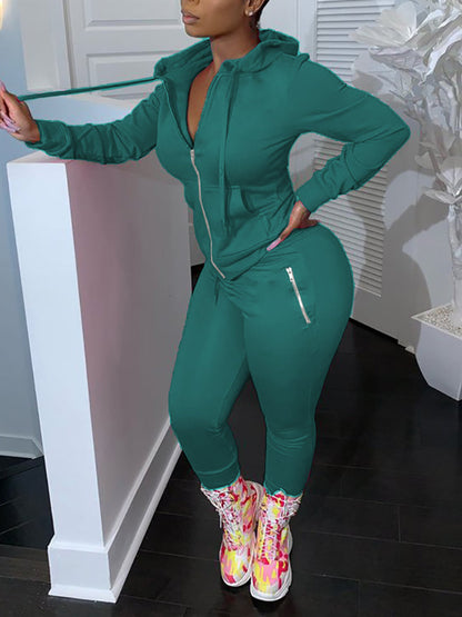 Two Piece Solid Color Hoodie Zip-Up Tracksuit
