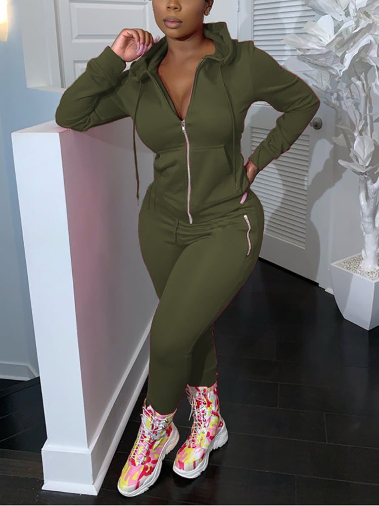Two Piece Solid Color Hoodie Zip-Up Tracksuit