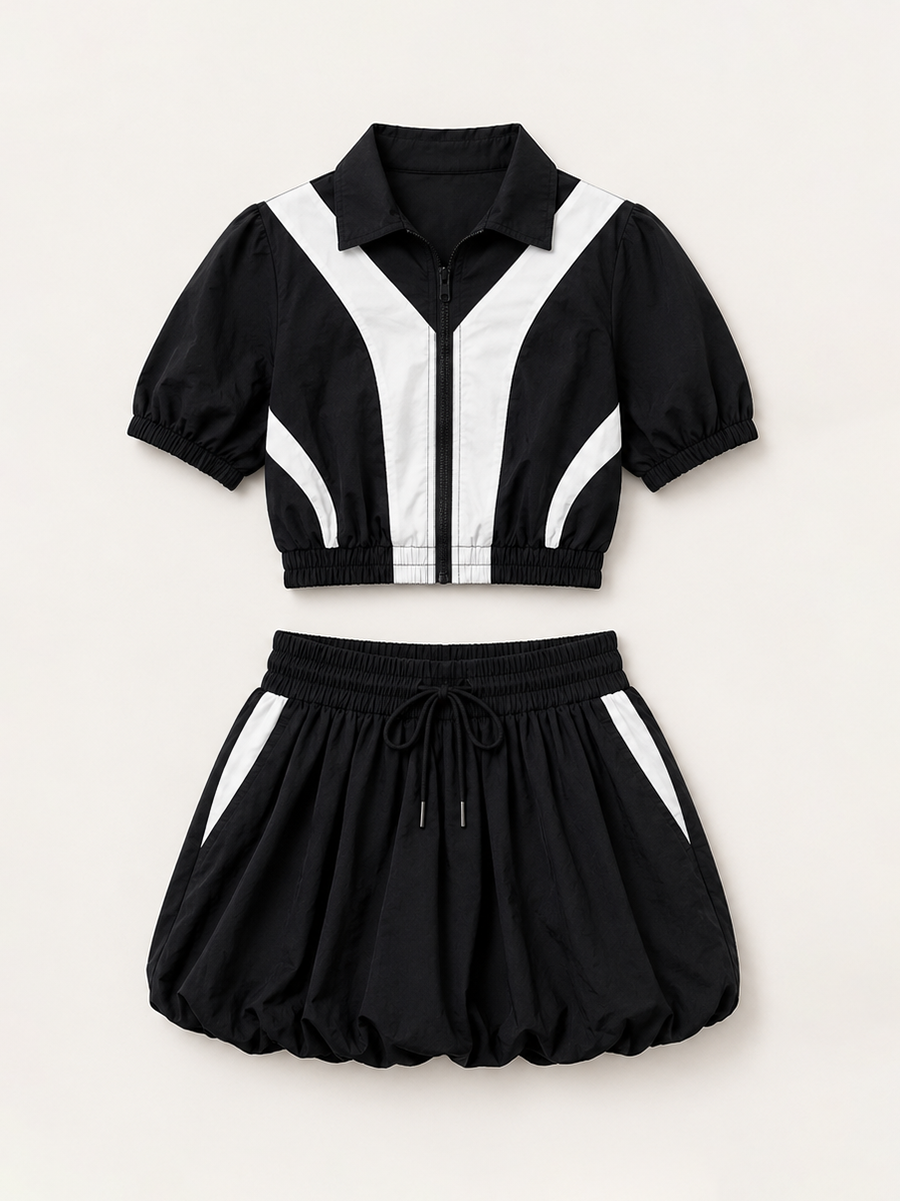 Colorblock Sport Jacket Bubble Skirt Set