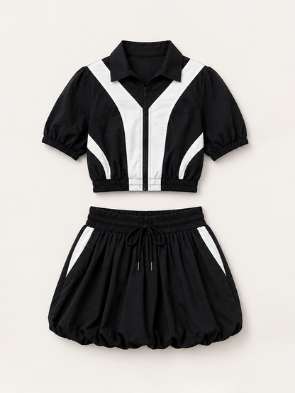 Colorblock Sport Jacket Bubble Skirt Set