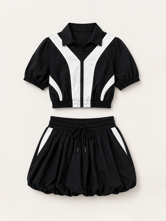 Colorblock Sport Jacket Bubble Skirt Set