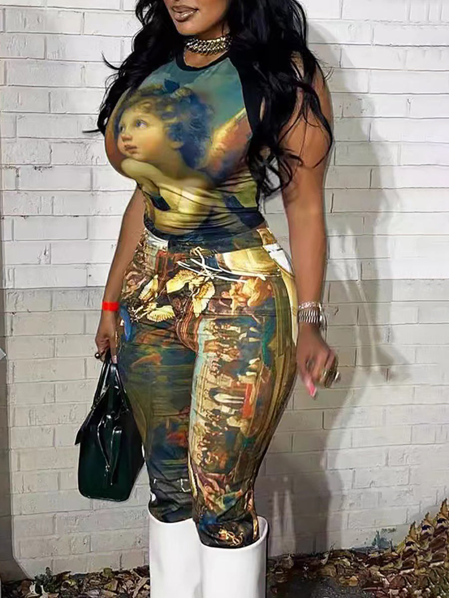 Abstract Print Sleeveless Top Legging Set