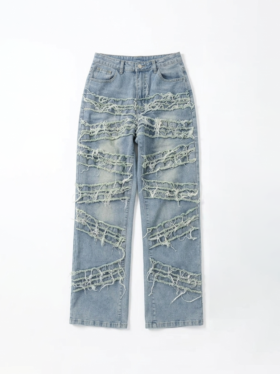 Distressed Layered Fringe Straight Leg Jeans