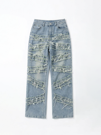 Distressed Layered Fringe Straight Leg Jeans