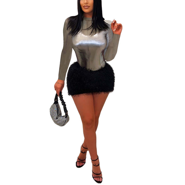 Two Piece Long Sleeve Metallic Top & Mini Skirt