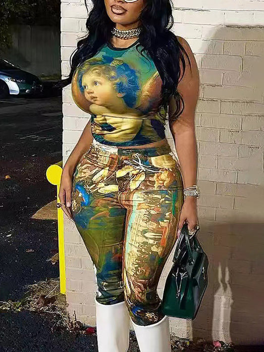 Abstract Print Sleeveless Top Legging Set