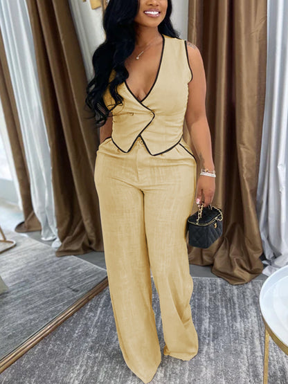 Sleeveless V Neck Vest Pants Suit