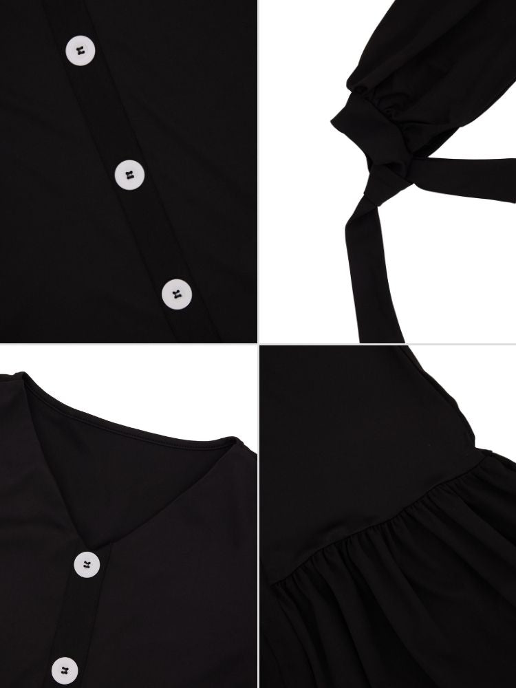 Minivestido de manga larga con botones fruncidos y cuello en V 