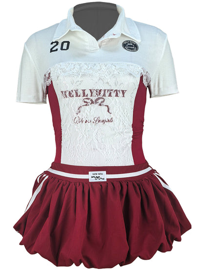 Lace Trim Letter Print Top Pleated Skirt Set