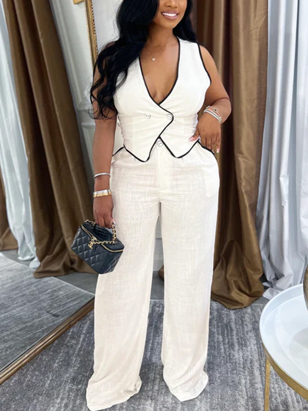 Sleeveless V Neck Vest Pants Suit