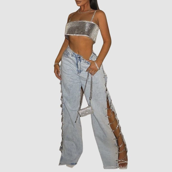 Chain Embellished Hollow-out Jeans