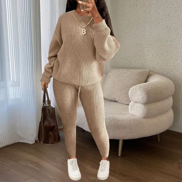 Solid Color Knit Pullover & Pants Set