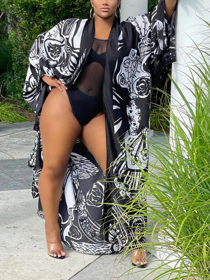 Cárdigan tipo pareo de playa con estampado floral de seda 