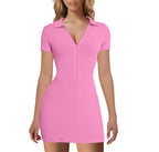Minivestido de color liso con cremallera a rayas y cuello en V 