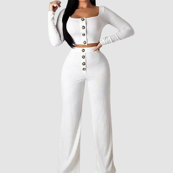 Buttoned Square Collar Top & Wide Leg Pant Set