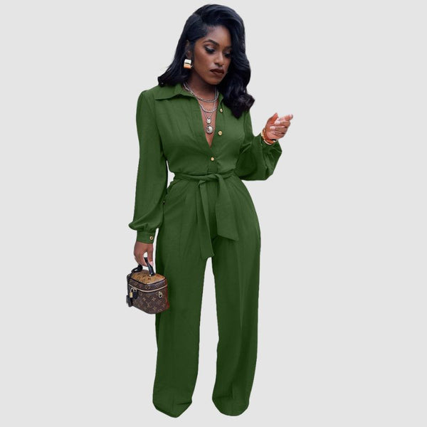 Casual Solid Color Shirt Jumpsuits