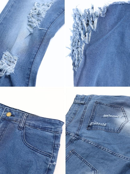 Distressed Zipper Fringe Washed Jeans