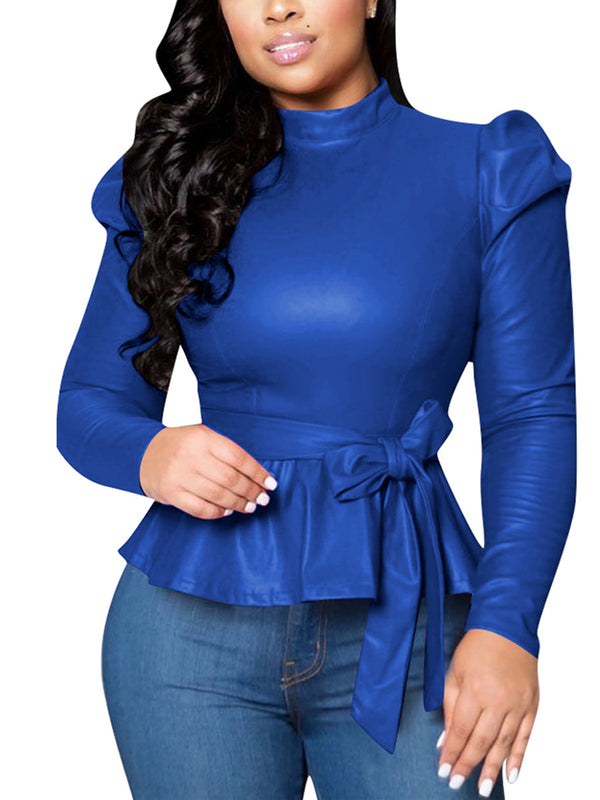 Long Sleeve Faux Leather Belted Blouse Top