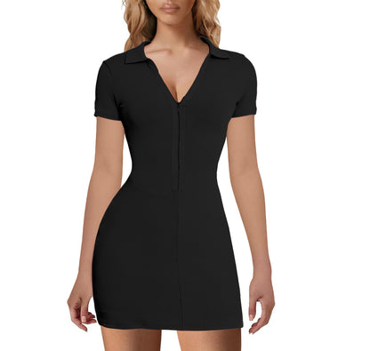 V-Neck Ribbed Striped Zipper Solid Color Mini Dress