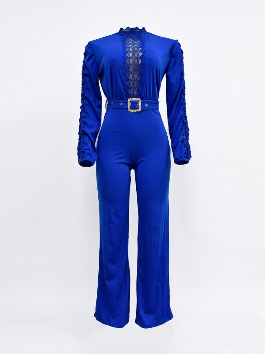 Lace Trim Belted Long Sleeve Jumpsuit