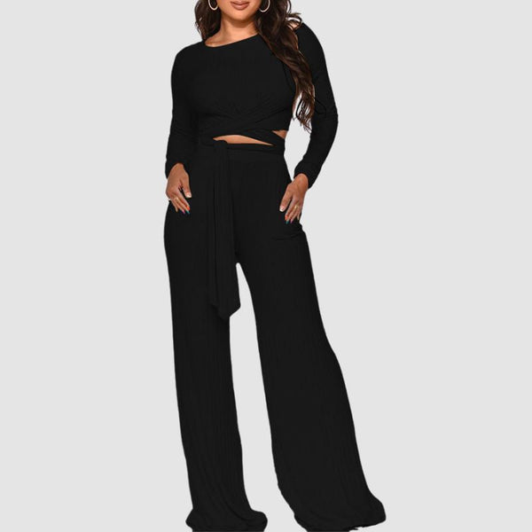 Ribbed Knit Tie-up Top & Wide Leg Pant Set