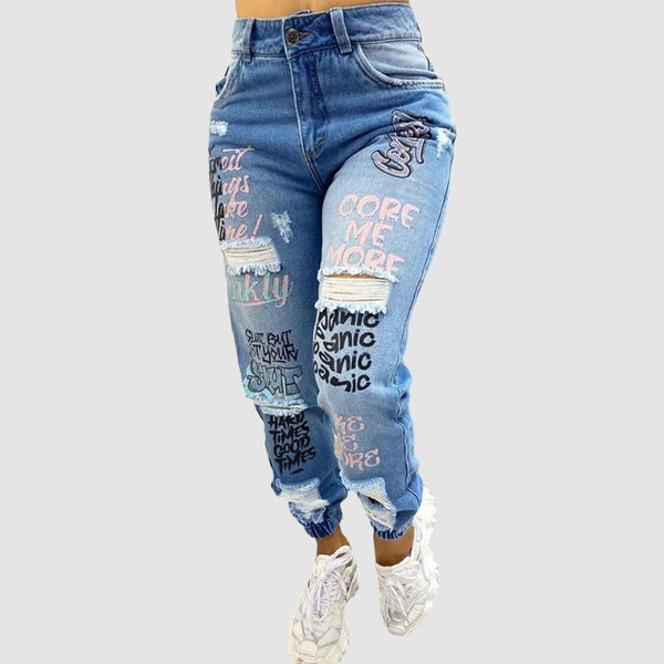 Letter Printed Ripped Jeans