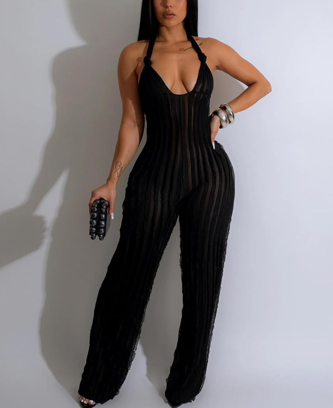 V Neck Pleated Halter Wide Leg Jumpsuit
