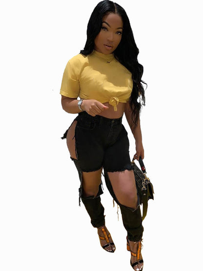 Denim High Waist Cut Out Pants