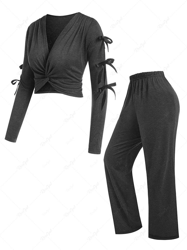 Plus Size Front Twist Bowknot Tee and Pants Pajamas Set