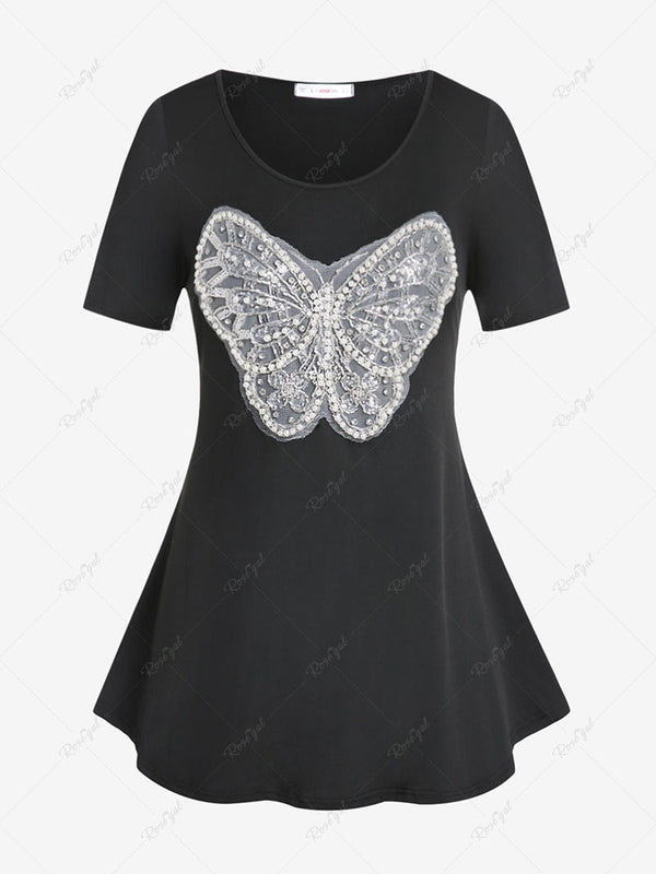 Plus Size Curve Beads Lace Butterfly Embroidered T Shirt