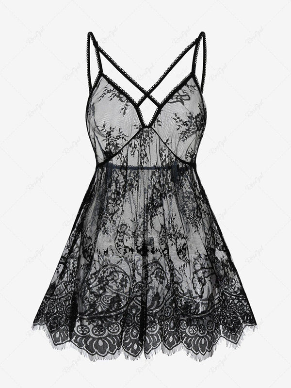 Plus Size Lace Backless Lingerie Babydoll Dress Set
